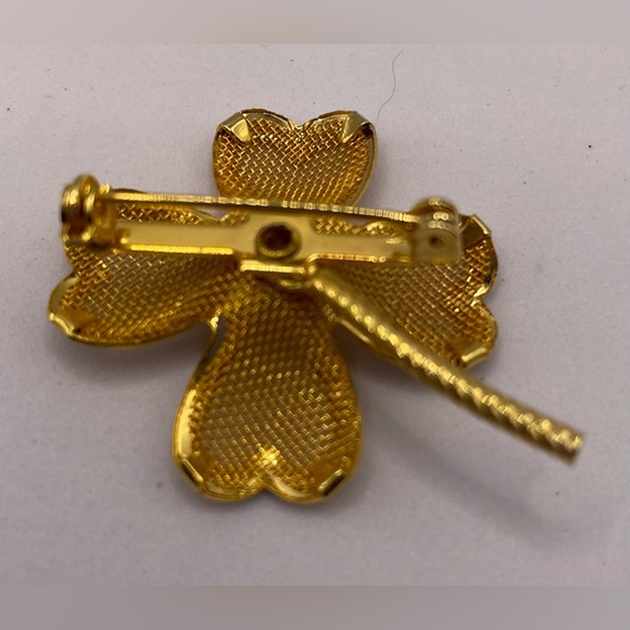 3 for $30 Vintage Gold Tone Four Leaf Clover Brooch Pin with Faux Pearl Center - Picture 5 of 5